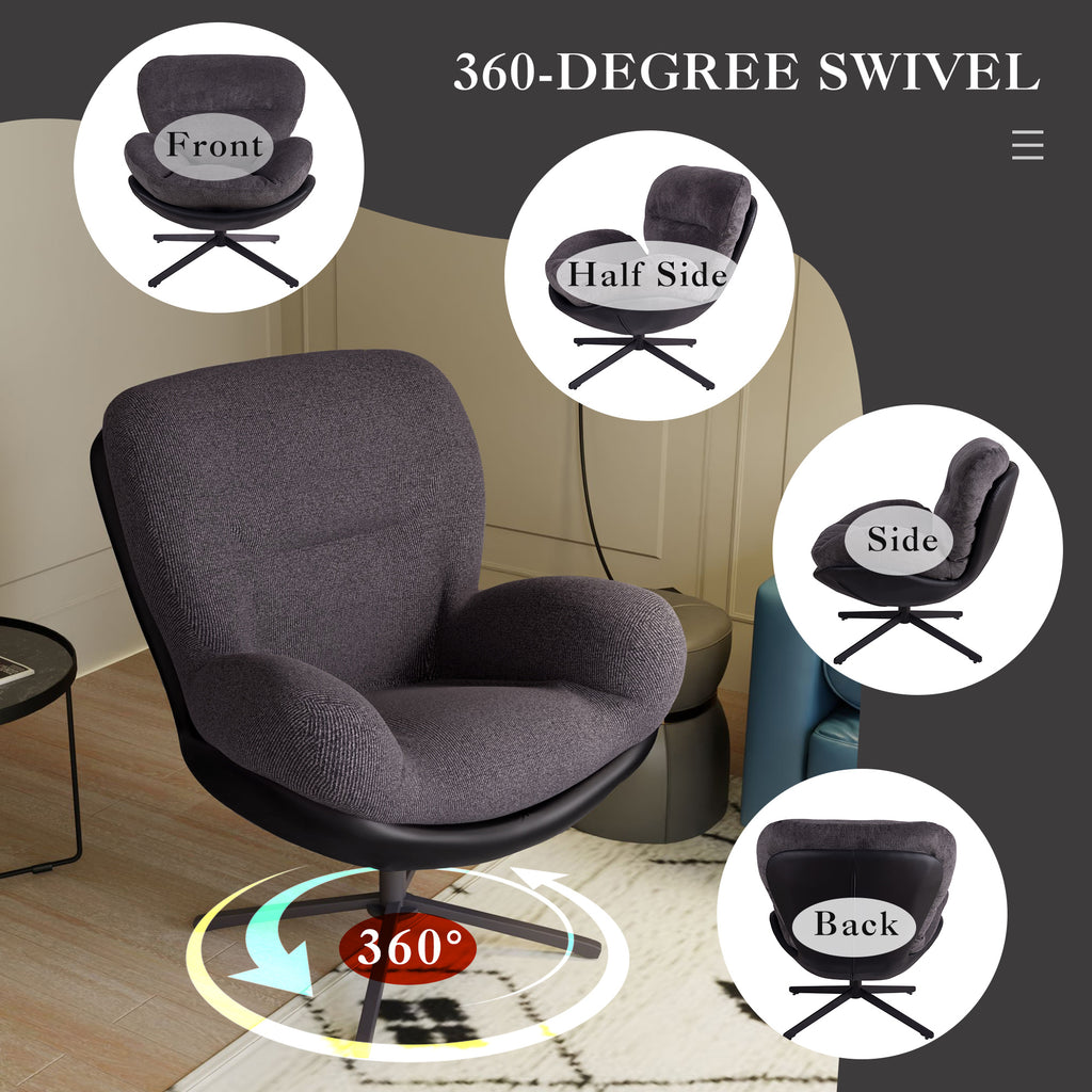 360° Swivel Office Chair, Modern Chenille Chair with Faux Leather and Black Metal Base Frame, No Wheels, Accent Chair for Small Spaces, Living Room, Bedroom, Reading Corner, Office, Dark Gray