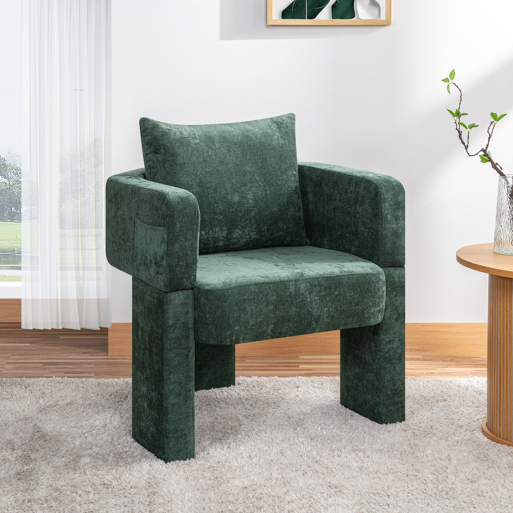 Modern 3-Leg Chenille Accent Chair with Ergonomic Arms & Removable Pillow, Plush Small Space Armchair, Single Sofa Chair for Living Room, Bedroom, Dining Room and Office, Dark Green