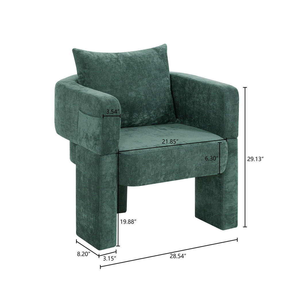 Modern 3-Leg Chenille Accent Chair with Ergonomic Arms & Removable Pillow, Plush Small Space Armchair, Single Sofa Chair for Living Room, Bedroom, Dining Room and Office, Dark Green