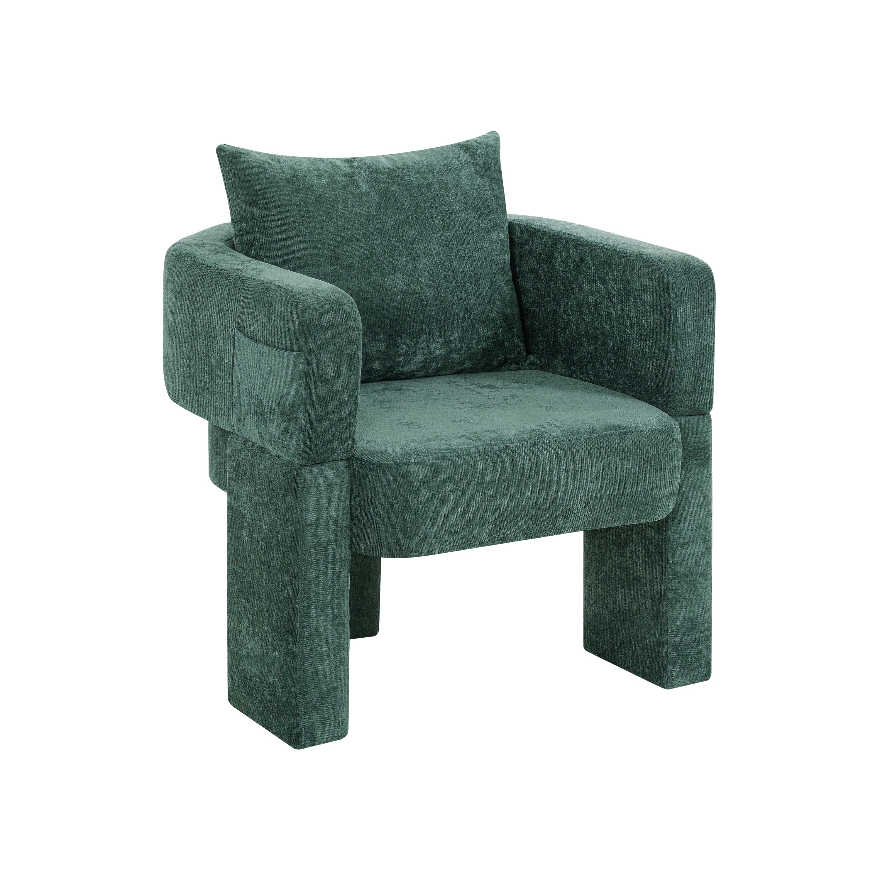 Modern 3-Leg Chenille Accent Chair with Ergonomic Arms & Removable Pillow, Plush Small Space Armchair, Single Sofa Chair for Living Room, Bedroom, Dining Room and Office, Dark Green