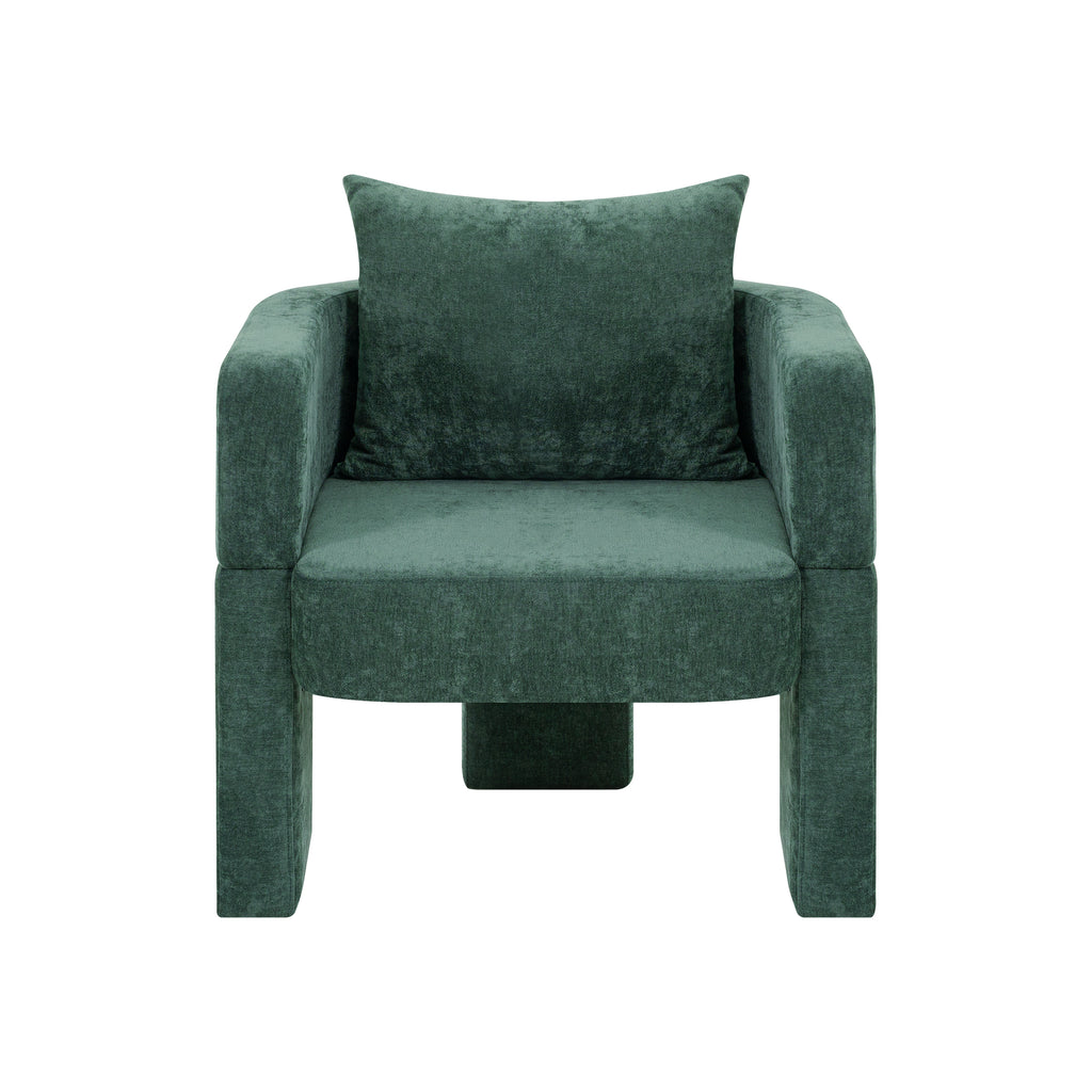 Modern 3-Leg Chenille Accent Chair with Ergonomic Arms & Removable Pillow, Plush Small Space Armchair, Single Sofa Chair for Living Room, Bedroom, Dining Room and Office, Dark Green