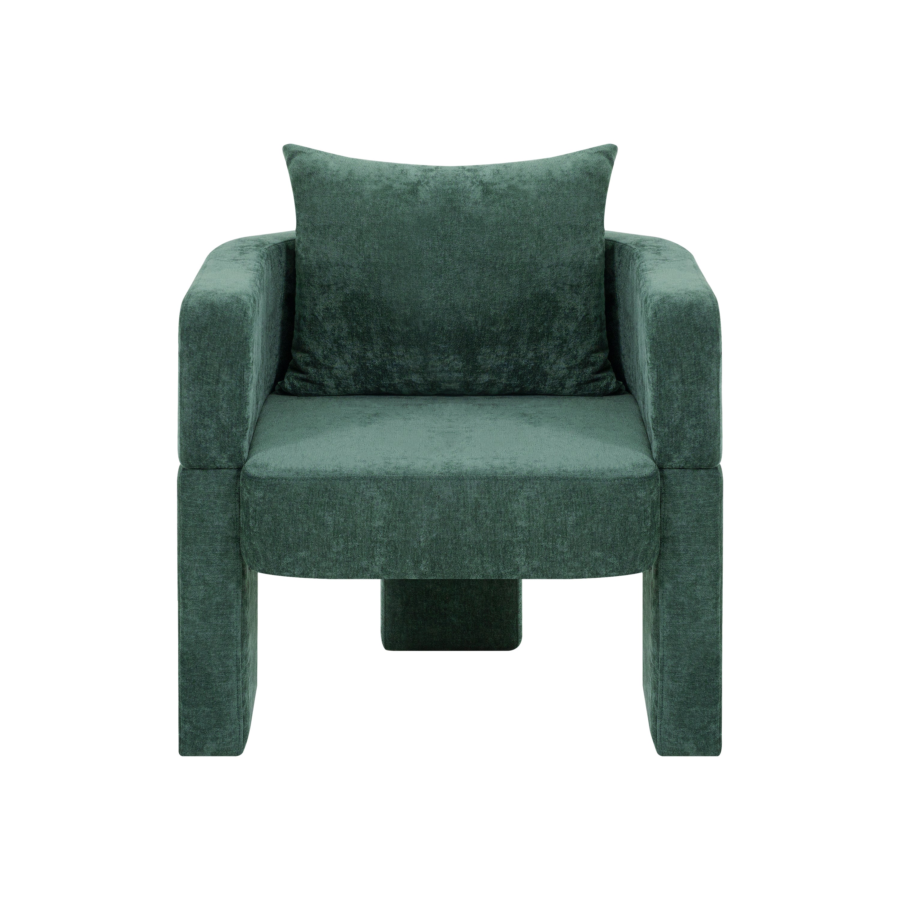 Modern 3-Leg Chenille Accent Chair with Ergonomic Arms & Removable Pillow, Plush Small Space Armchair, Single Sofa Chair for Living Room, Bedroom, Dining Room and Office, Dark Green
