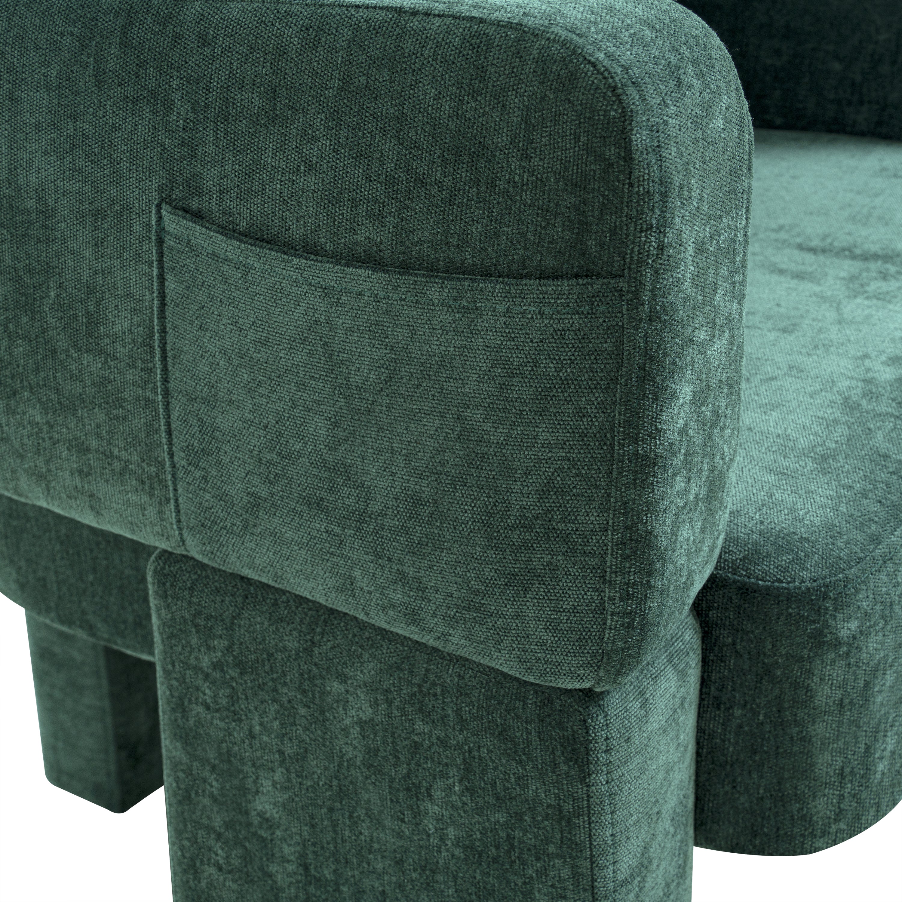 Modern 3-Leg Chenille Accent Chair with Ergonomic Arms & Removable Pillow, Plush Small Space Armchair, Single Sofa Chair for Living Room, Bedroom, Dining Room and Office, Dark Green