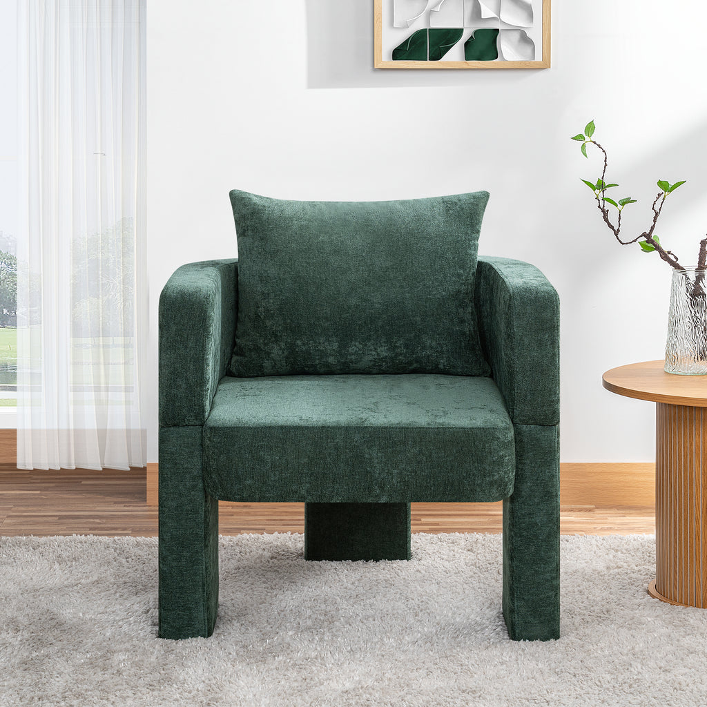 Modern 3-Leg Chenille Accent Chair with Ergonomic Arms & Removable Pillow, Plush Small Space Armchair, Single Sofa Chair for Living Room, Bedroom, Dining Room and Office, Dark Green