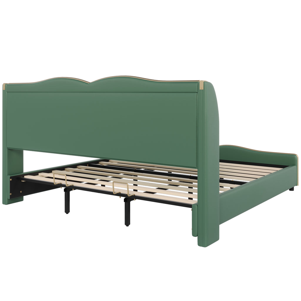 King Size Leather Upholstered Bed Frame, Modern Bed Frame with Wingback Head board, Upholstered Platform Bed with Wavy Footboard, No Spring Box Needed, Dark Green Bed Frame