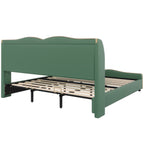 King Size Leather Upholstered Bed Frame, Modern Bed Frame with Wingback Head board, Upholstered Platform Bed with Wavy Footboard, No Spring Box Needed, Dark Green Bed Frame