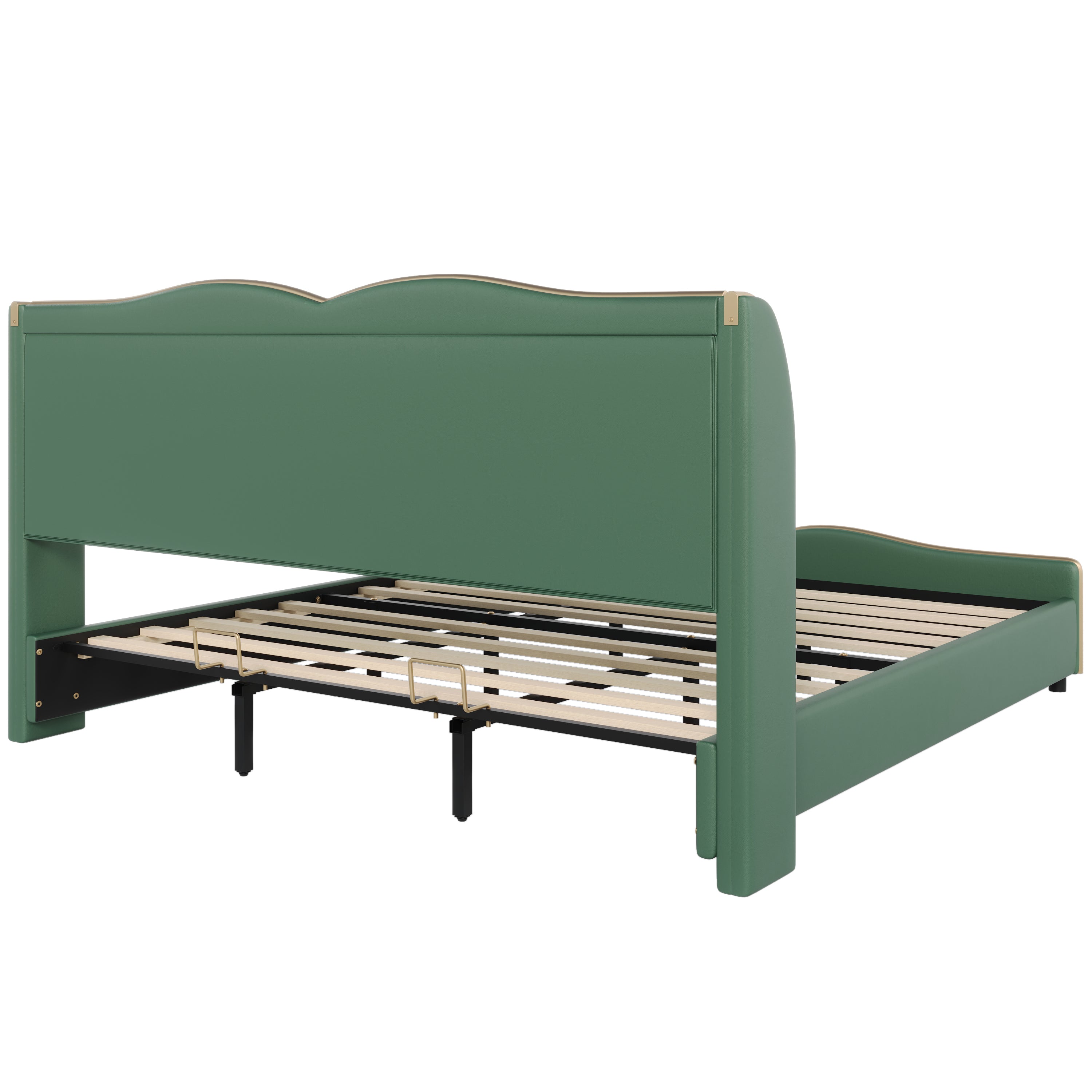 King Size Leather Upholstered Bed Frame, Modern Bed Frame with Wingback Head board, Upholstered Platform Bed with Wavy Footboard, No Spring Box Needed, Dark Green Bed Frame