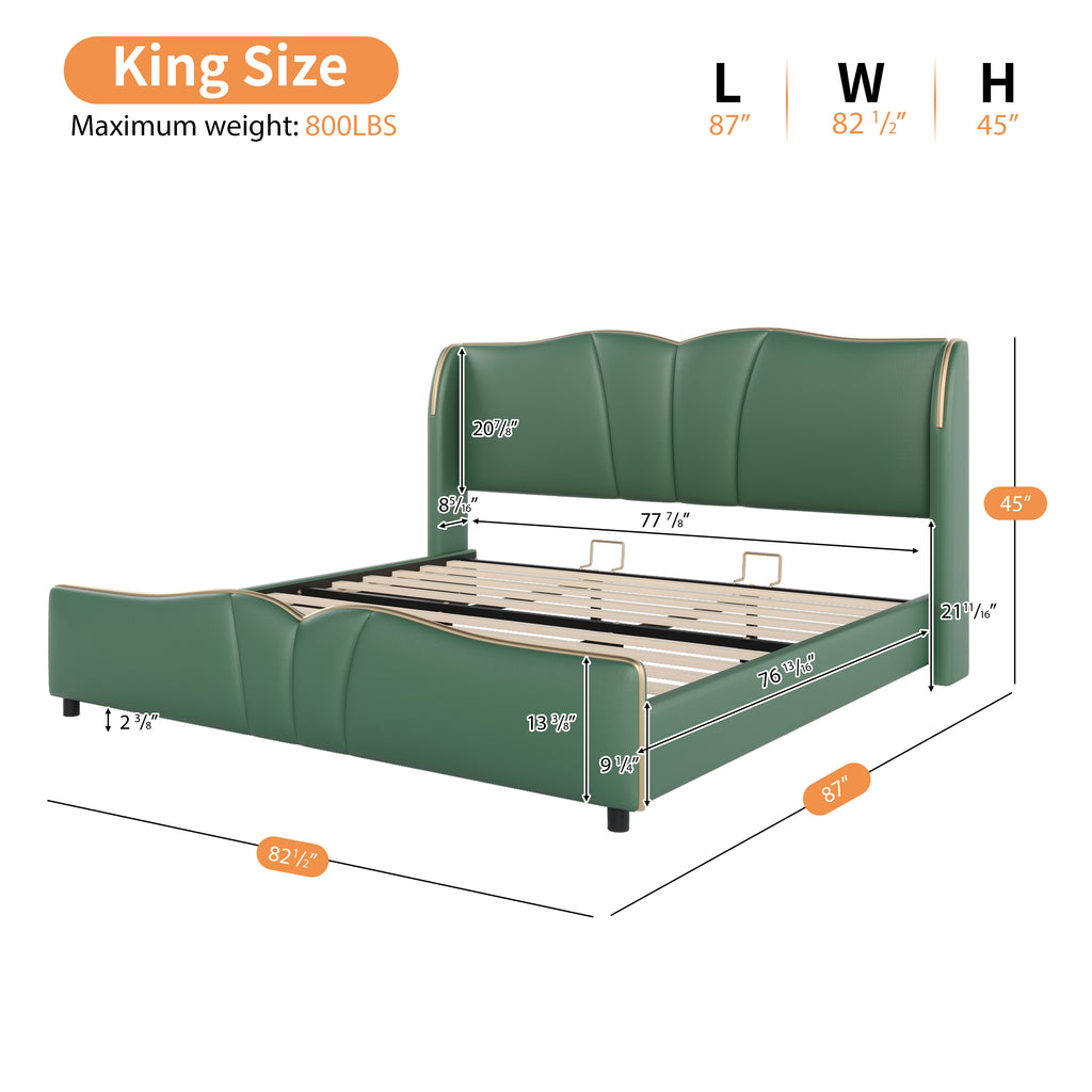 King Size Leather Upholstered Bed Frame, Modern Bed Frame with Wingback Head board, Upholstered Platform Bed with Wavy Footboard, No Spring Box Needed, Dark Green Bed Frame