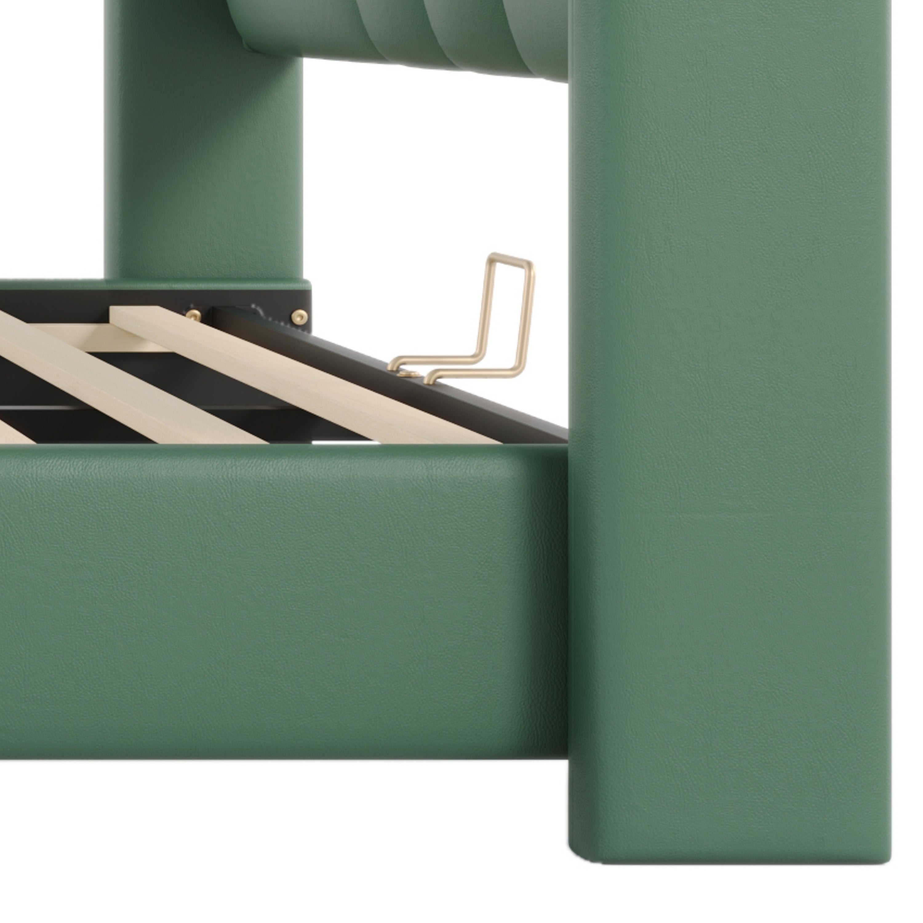 King Size Leather Upholstered Bed Frame, Modern Bed Frame with Wingback Head board, Upholstered Platform Bed with Wavy Footboard, No Spring Box Needed, Dark Green Bed Frame