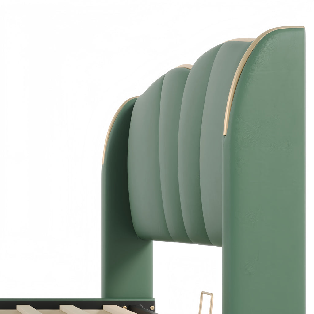 King Size Leather Upholstered Bed Frame, Modern Bed Frame with Wingback Head board, Upholstered Platform Bed with Wavy Footboard, No Spring Box Needed, Dark Green Bed Frame