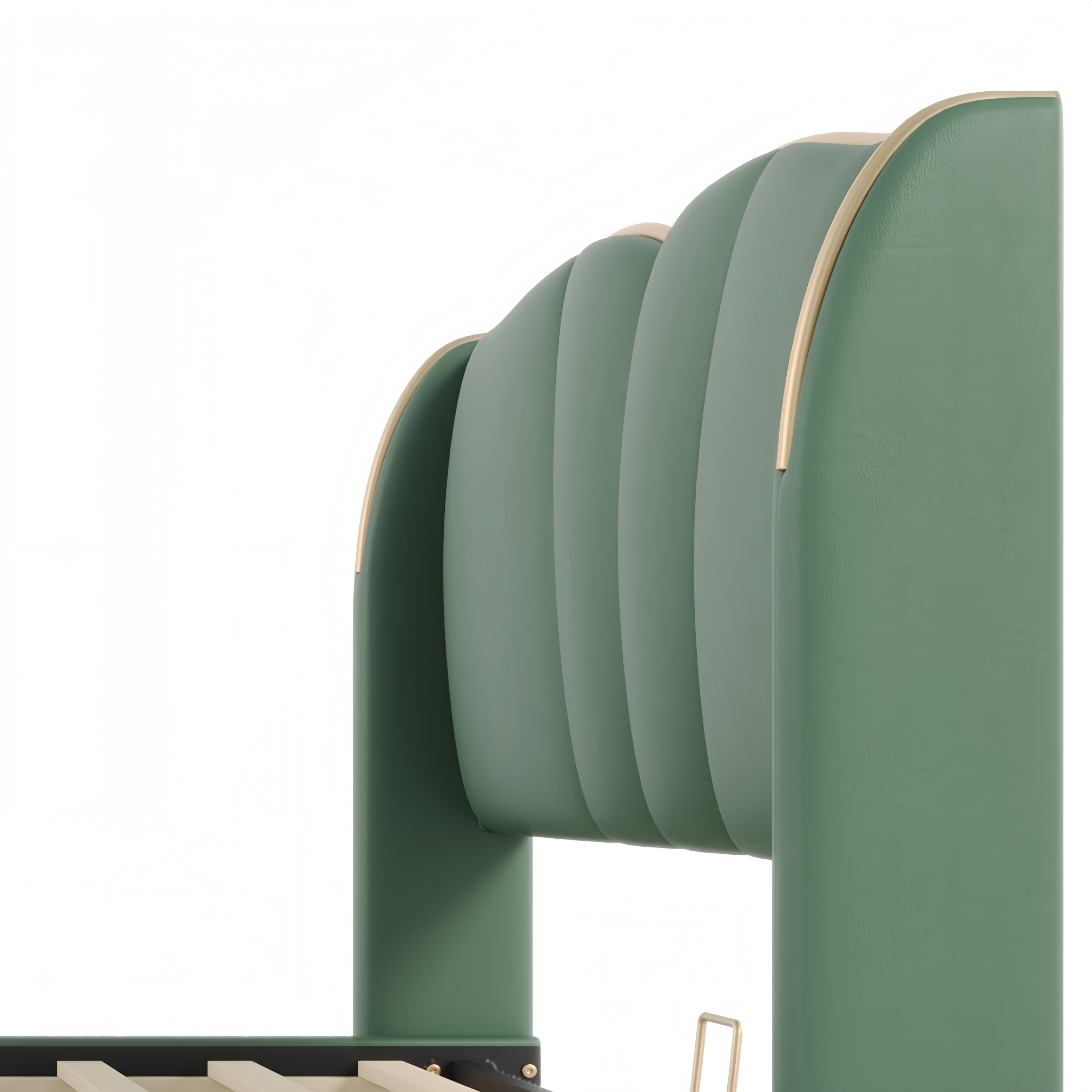 King Size Leather Upholstered Bed Frame, Modern Bed Frame with Wingback Head board, Upholstered Platform Bed with Wavy Footboard, No Spring Box Needed, Dark Green Bed Frame