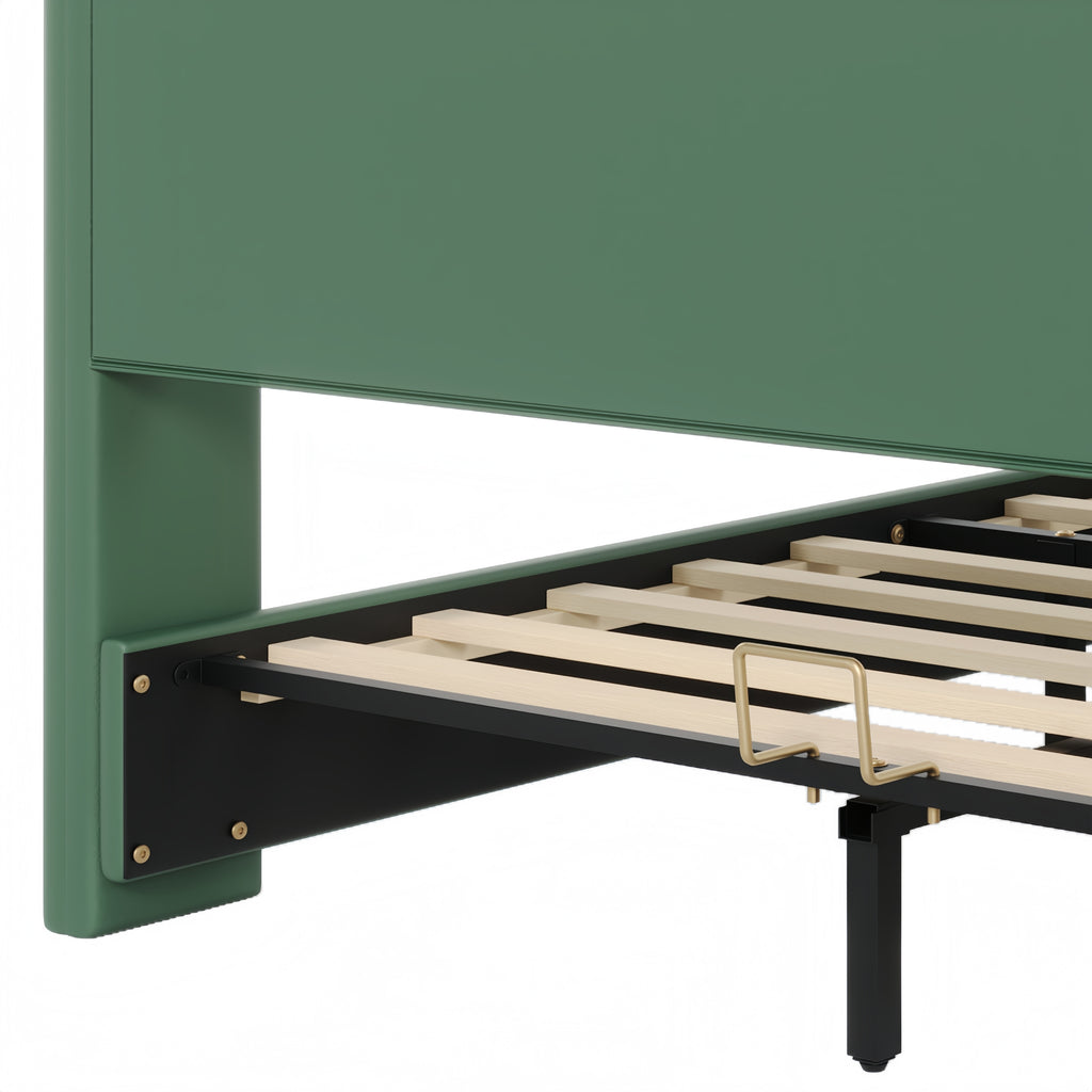 King Size Leather Upholstered Bed Frame, Modern Bed Frame with Wingback Head board, Upholstered Platform Bed with Wavy Footboard, No Spring Box Needed, Dark Green Bed Frame