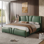 King Size Leather Upholstered Bed Frame, Modern Bed Frame with Wingback Head board, Upholstered Platform Bed with Wavy Footboard, No Spring Box Needed, Dark Green Bed Frame