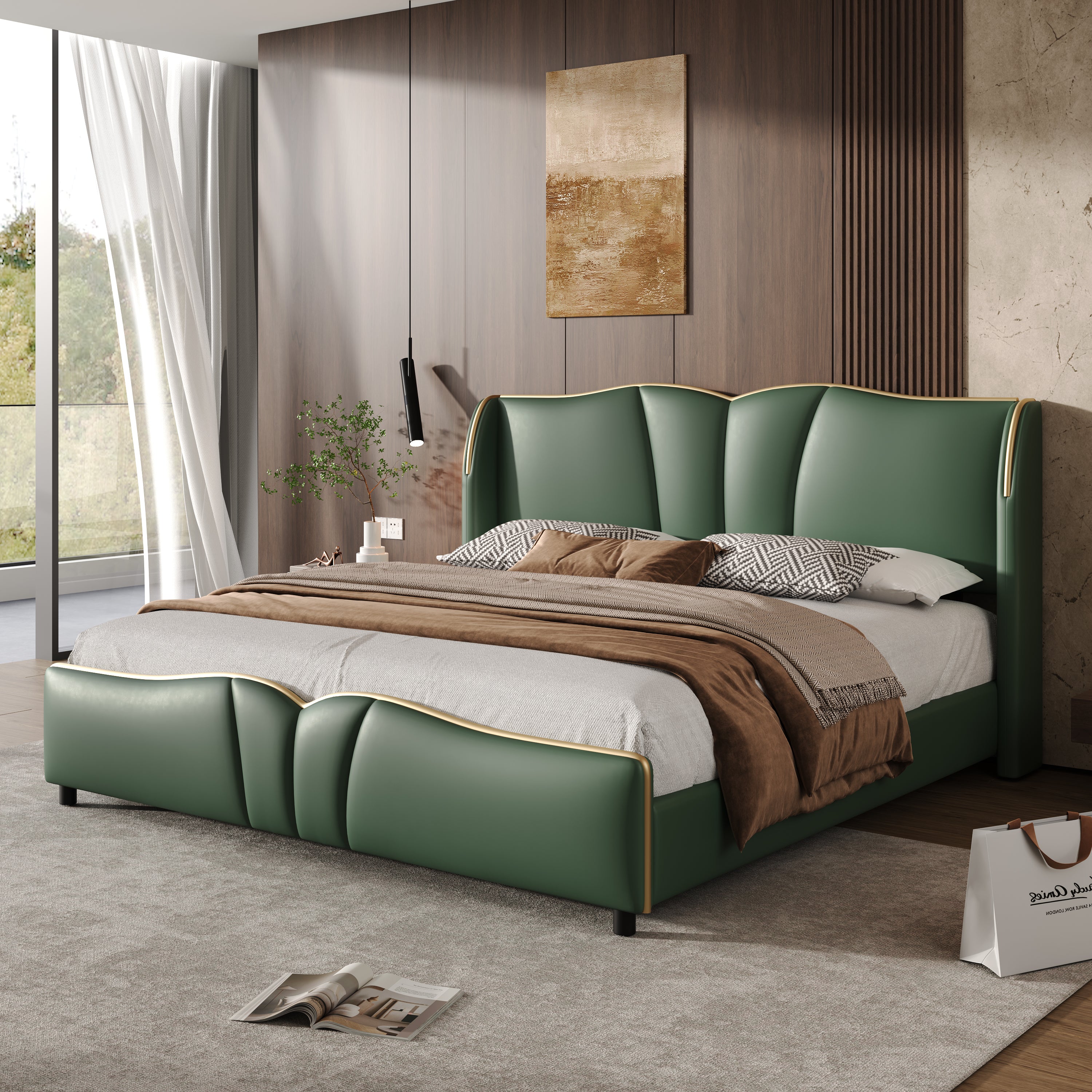 King Size Leather Upholstered Bed Frame, Modern Bed Frame with Wingback Head board, Upholstered Platform Bed with Wavy Footboard, No Spring Box Needed, Dark Green Bed Frame