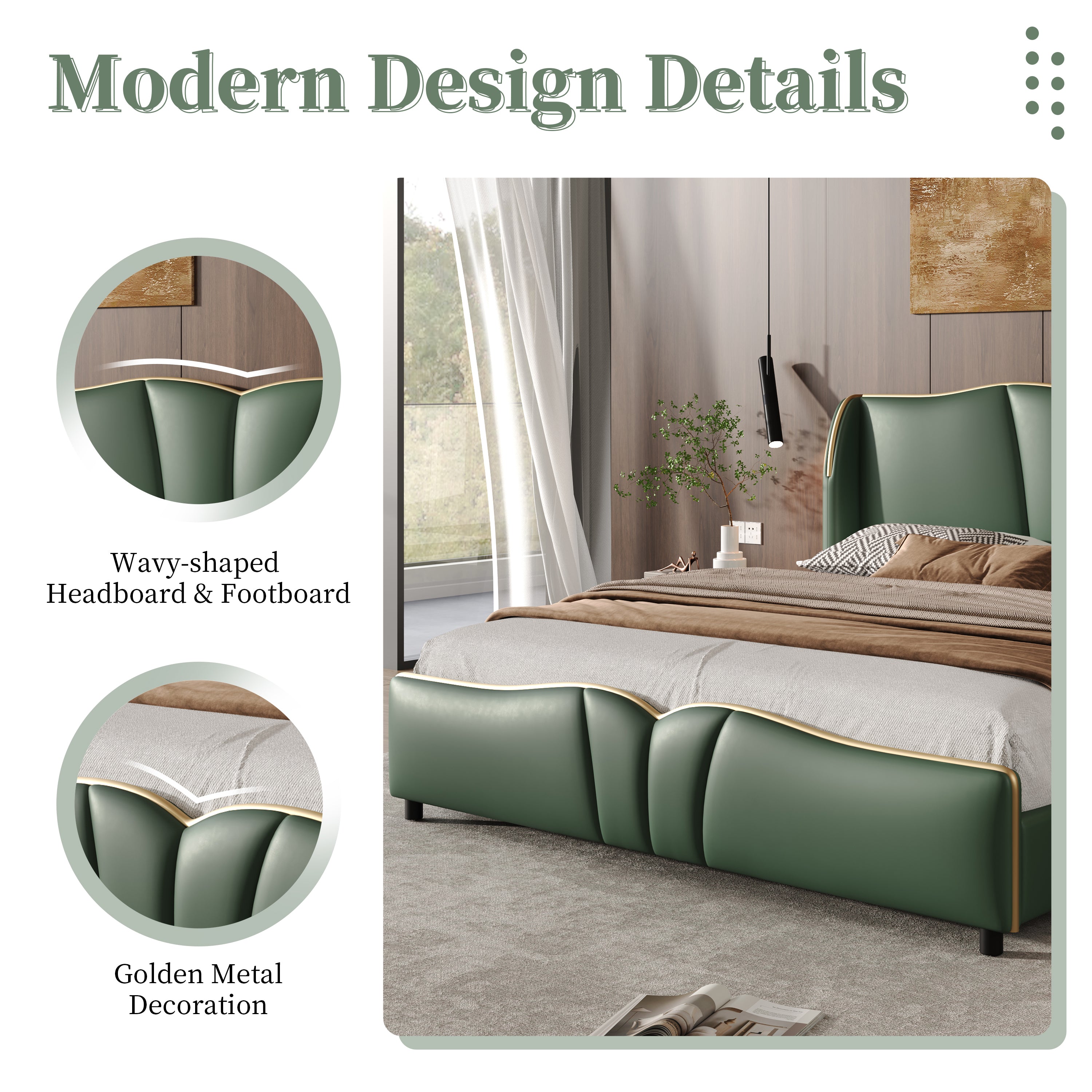King Size Leather Upholstered Bed Frame, Modern Bed Frame with Wingback Head board, Upholstered Platform Bed with Wavy Footboard, No Spring Box Needed, Dark Green Bed Frame