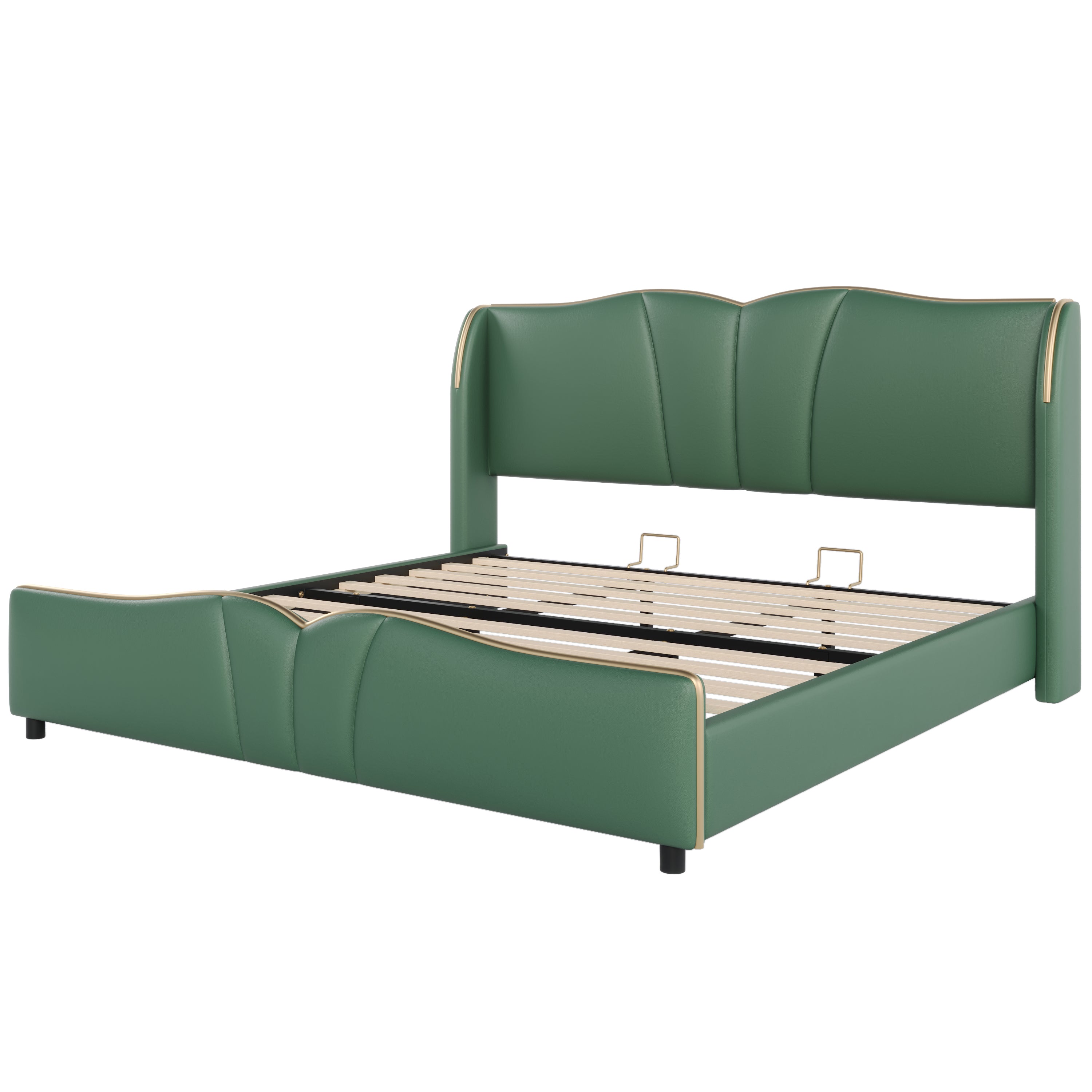 King Size Leather Upholstered Bed Frame, Modern Bed Frame with Wingback Head board, Upholstered Platform Bed with Wavy Footboard, No Spring Box Needed, Dark Green Bed Frame
