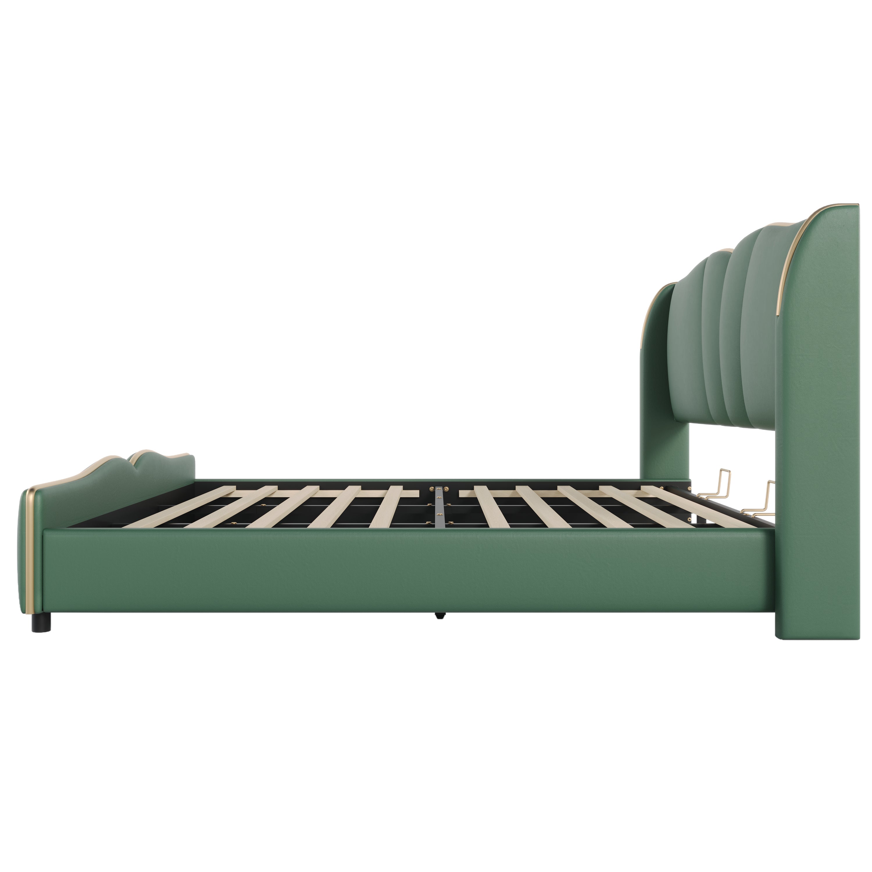 King Size Leather Upholstered Bed Frame, Modern Bed Frame with Wingback Head board, Upholstered Platform Bed with Wavy Footboard, No Spring Box Needed, Dark Green Bed Frame