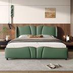 King Size Leather Upholstered Bed Frame, Modern Bed Frame with Wingback Head board, Upholstered Platform Bed with Wavy Footboard, No Spring Box Needed, Dark Green Bed Frame