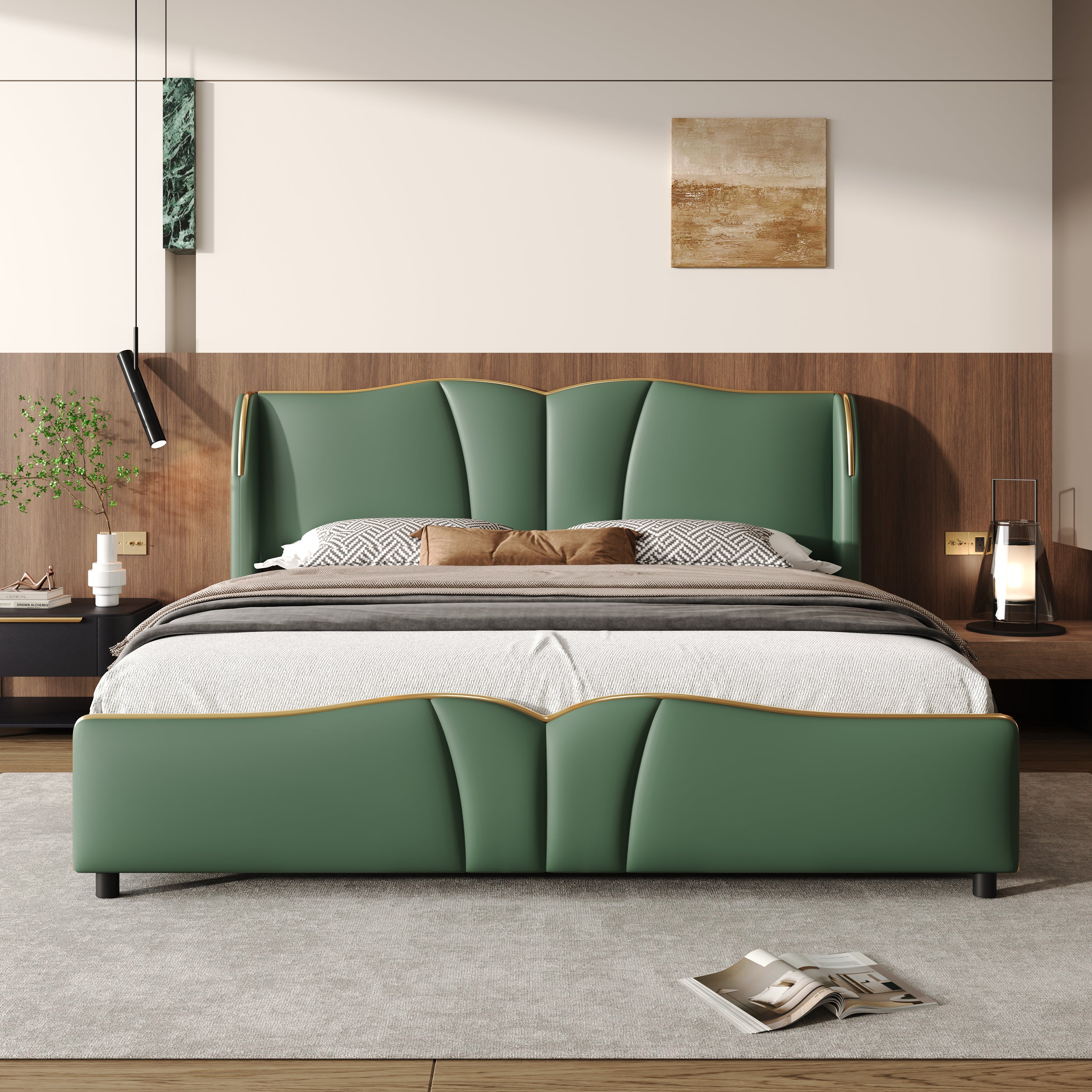 King Size Leather Upholstered Bed Frame, Modern Bed Frame with Wingback Head board, Upholstered Platform Bed with Wavy Footboard, No Spring Box Needed, Dark Green Bed Frame