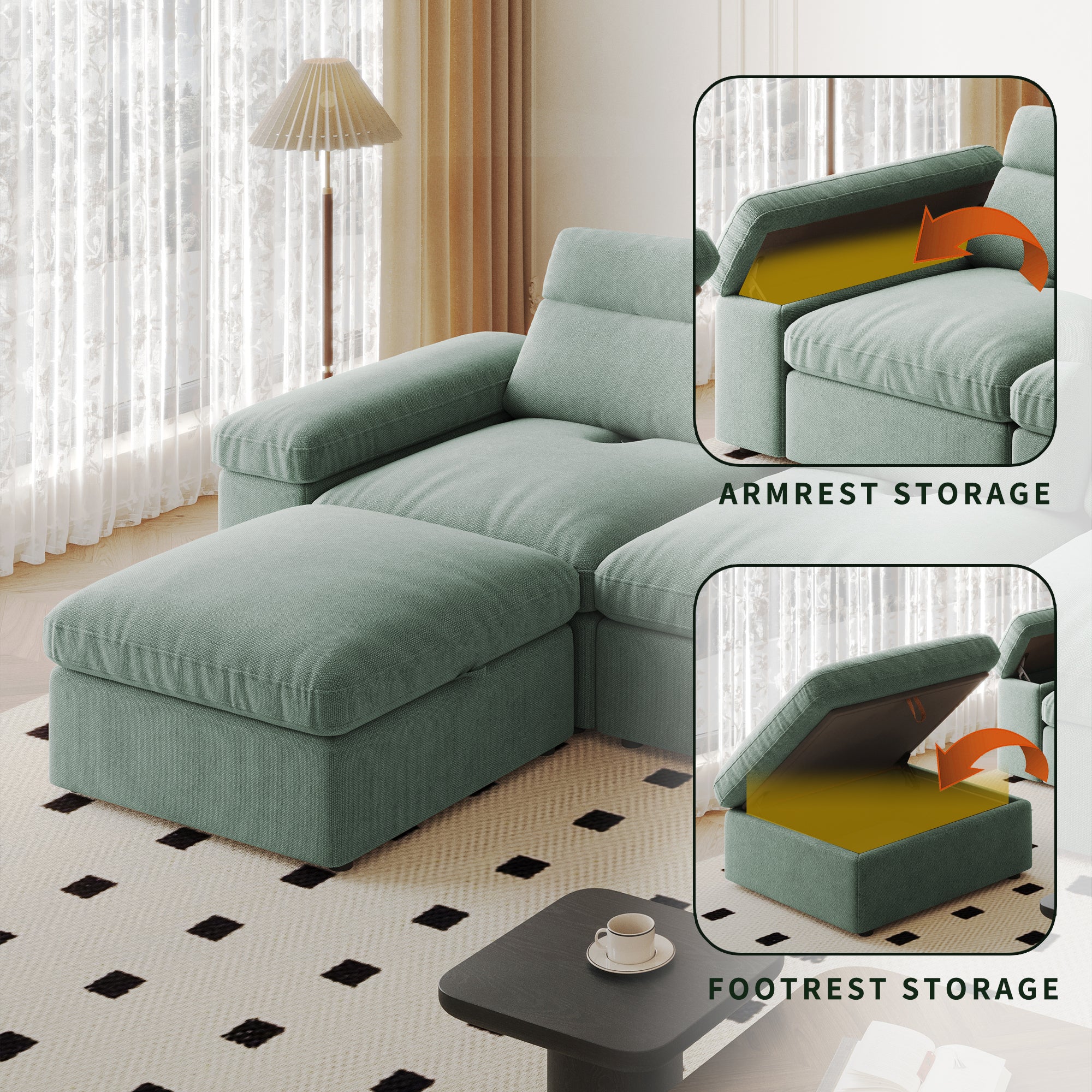 This simple modular sofa is made of cotton and linen, with a backrest that can be adjusted backward. It is soft and comfortable, has storage space, and is suitable for both living rooms and bedrooms.