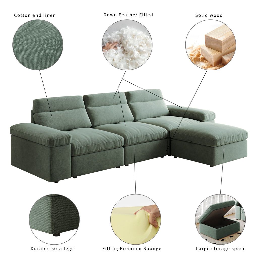 This simple modular sofa is made of cotton and linen, with a backrest that can be adjusted backward. It is soft and comfortable, has storage space, and is suitable for both living rooms and bedrooms.