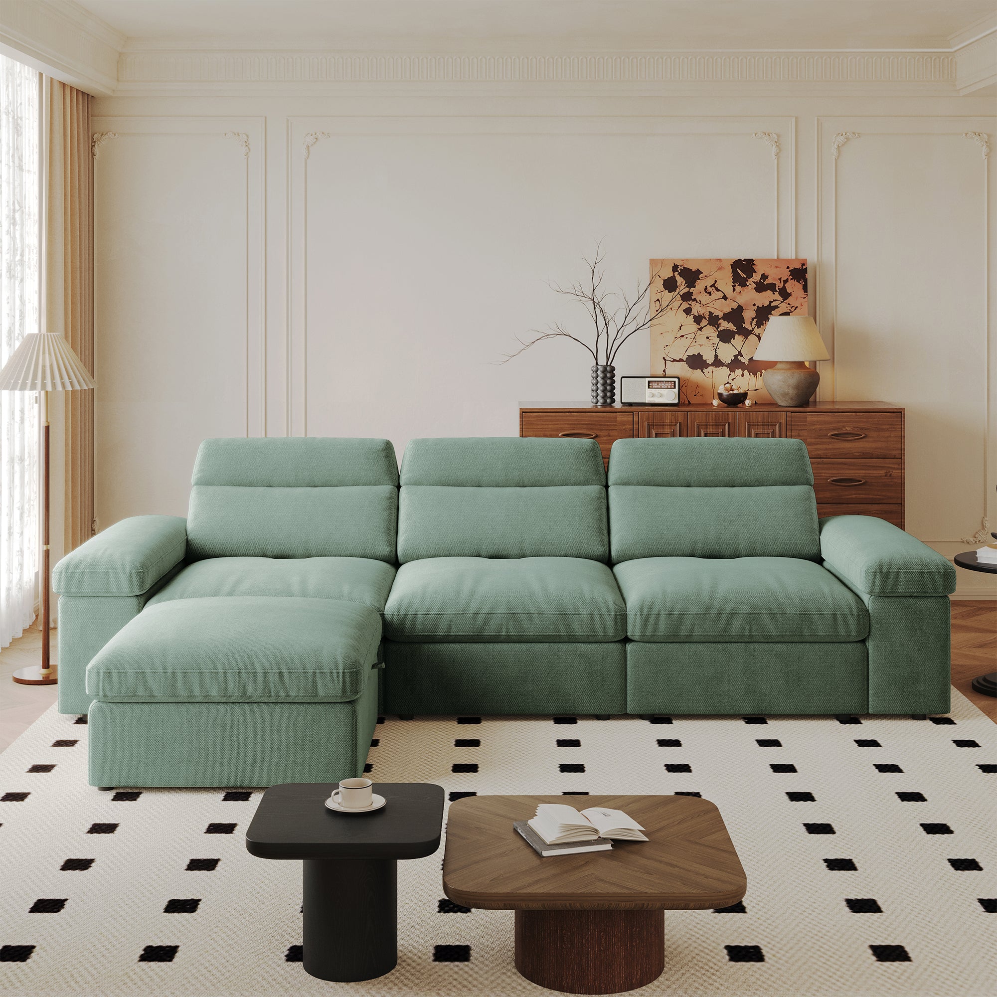 This simple modular sofa is made of cotton and linen, with a backrest that can be adjusted backward. It is soft and comfortable, has storage space, and is suitable for both living rooms and bedrooms.