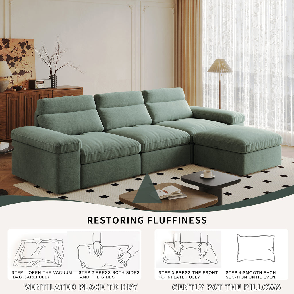 This simple modular sofa is made of cotton and linen, with a backrest that can be adjusted backward. It is soft and comfortable, has storage space, and is suitable for both living rooms and bedrooms.