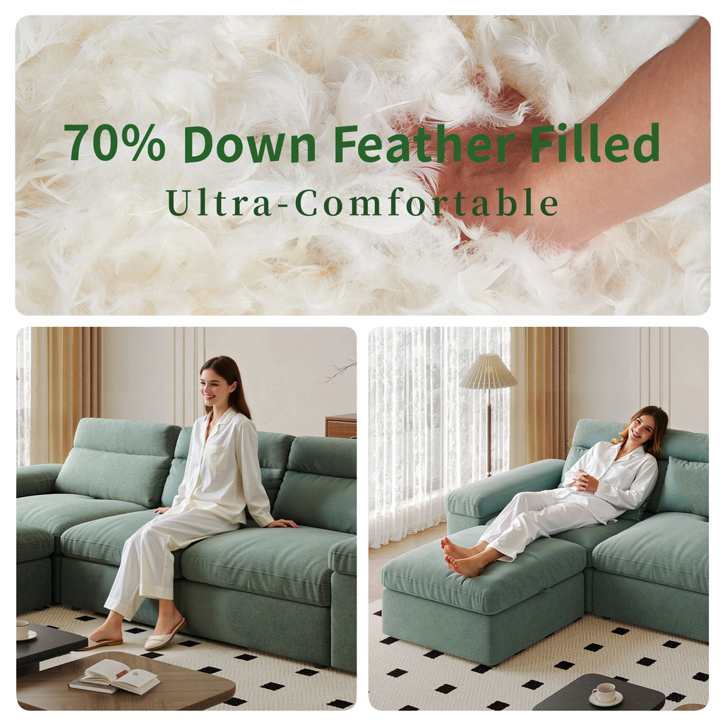 This simple modular sofa is made of cotton and linen, with a backrest that can be adjusted backward. It is soft and comfortable, has storage space, and is suitable for both living rooms and bedrooms.