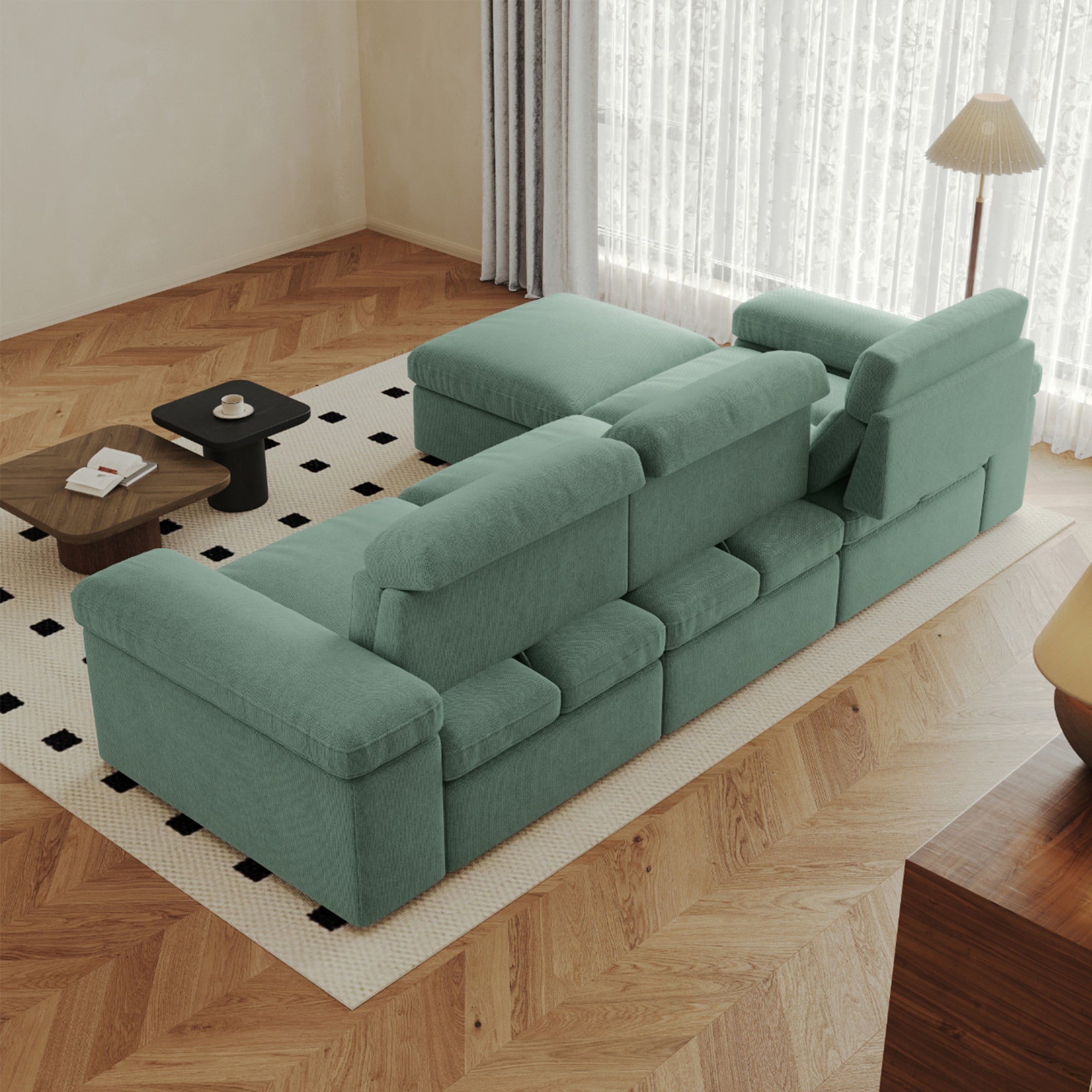 This simple modular sofa is made of cotton and linen, with a backrest that can be adjusted backward. It is soft and comfortable, has storage space, and is suitable for both living rooms and bedrooms.