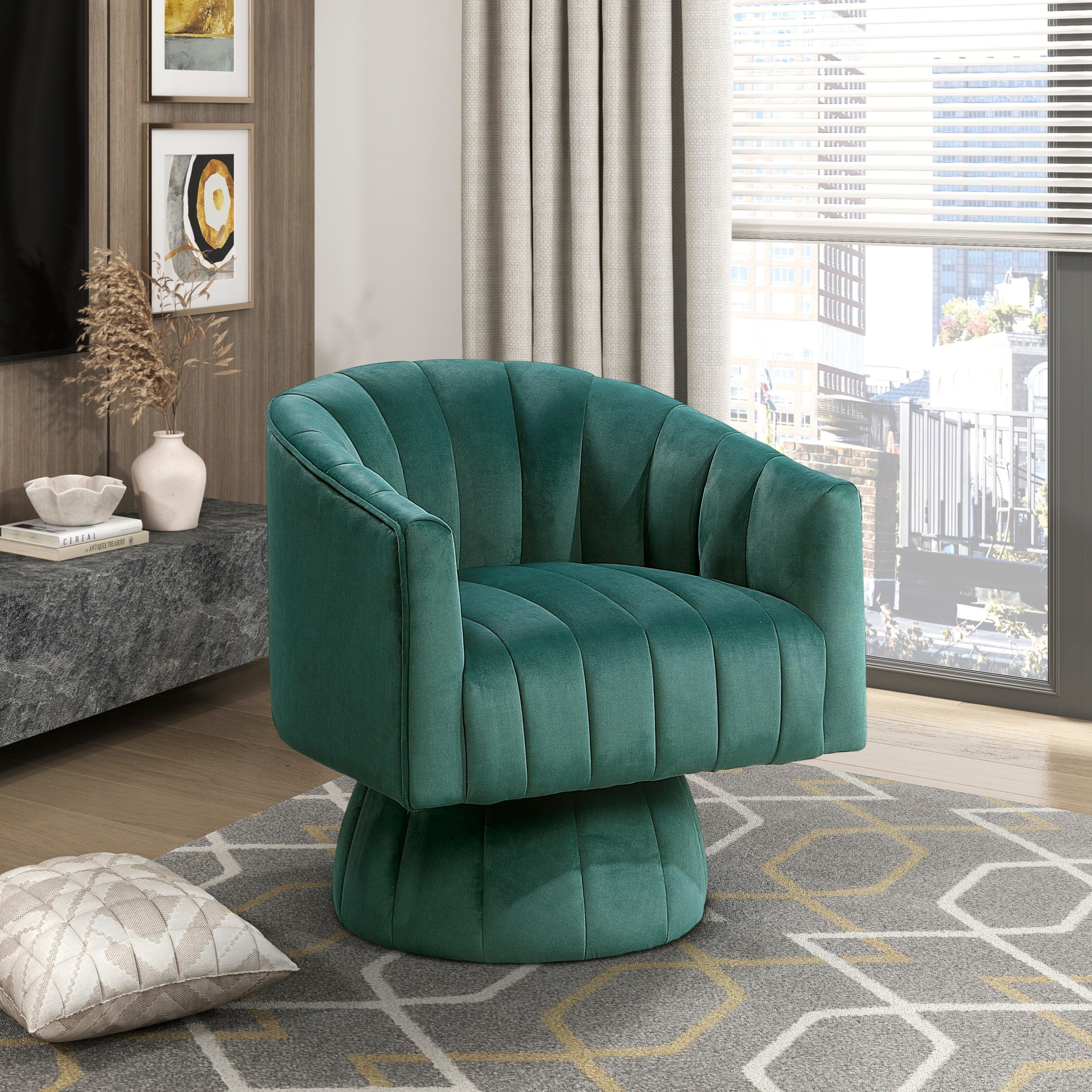 Dark Green Velvet Accent Chair Modern Luxury Living Room Furniture, 1pc Swivel Chair Comfortable Barrel Back