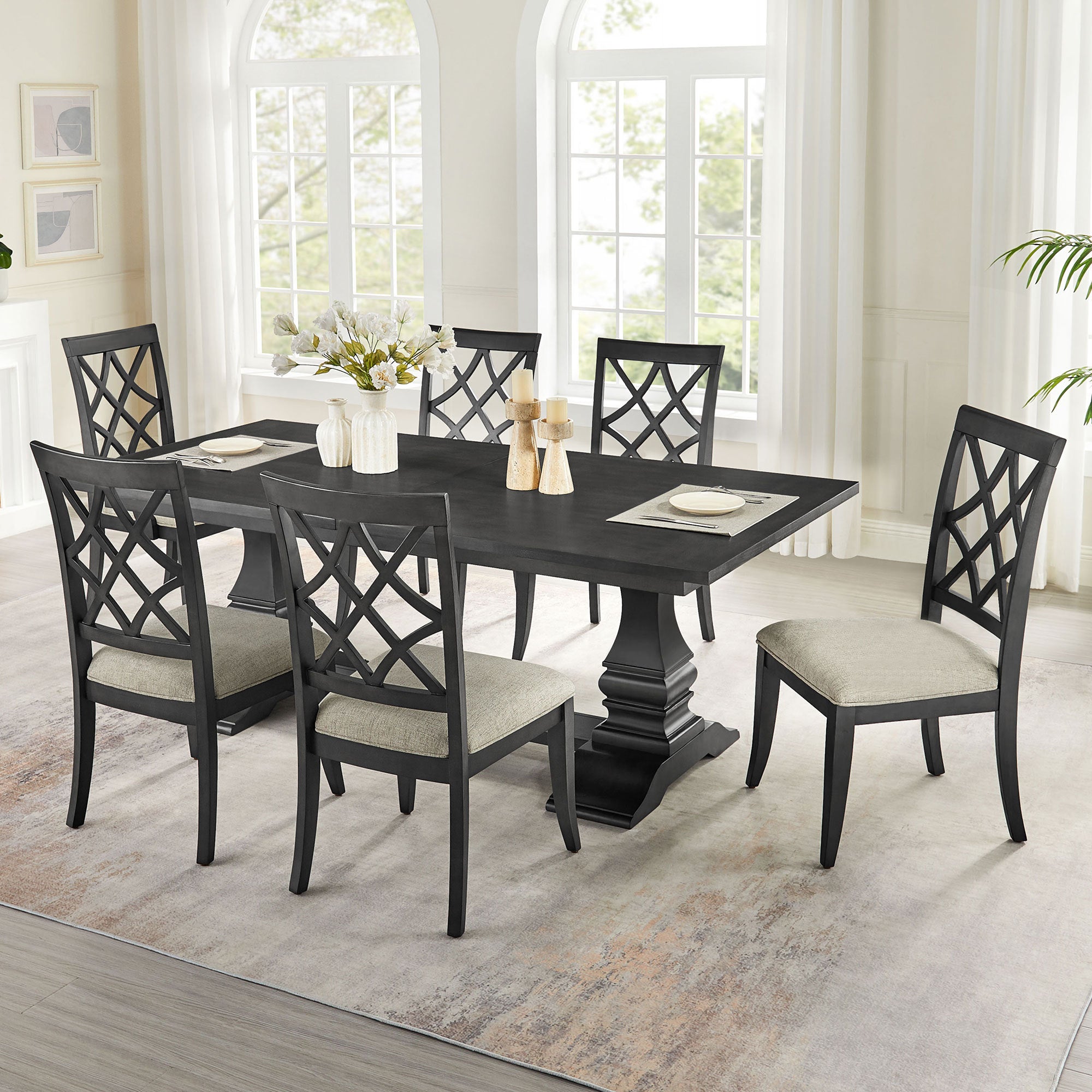 (1 Table+6 Chairs)Retro 102.01 Inch Extendable 7 PCS Wooden Dining Table Set for 6 Persons,Curved Dining Table,Modern Large Kitchen Table and Upholstered Dining Chairs for Living Room,Restaurant Dining Table Set