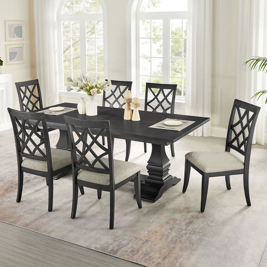 (1 Table+6 Chairs)Retro 102.01 Inch Extendable 7 PCS Wooden Dining Table Set for 6 Persons,Curved Dining Table,Modern Large Kitchen Table and Upholstered Dining Chairs for Living Room,Restaurant Dining Table Set