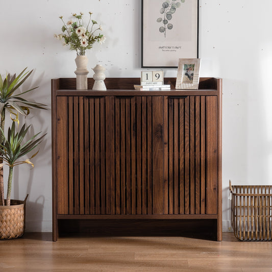 Shoe Cabinet 5-Tier with Shutter Doors, Large Wooden Shoe Organizer Rack with Adjustable Shelves, Modern Farmhouse Hidden Storage Furniture for Entryway, Hallway Dark Walnut Color Shoe Storage