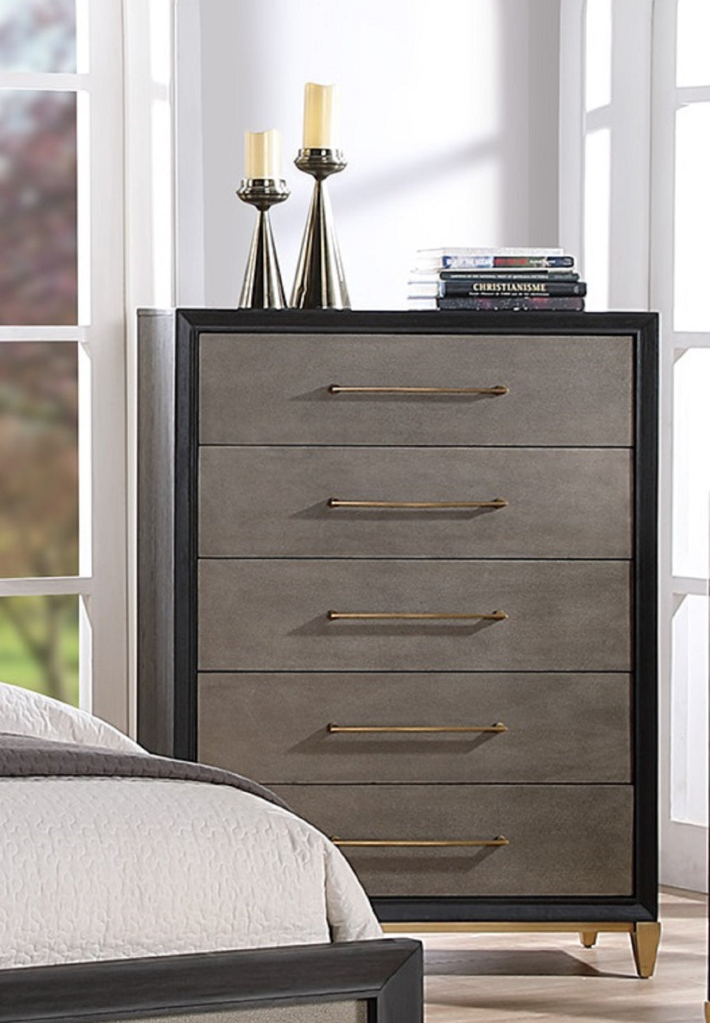 1pc Contemporary Dark Wood Finish Brushed Gold Hardware Tapered Legs Five-Drawers Tall Chest Wooden