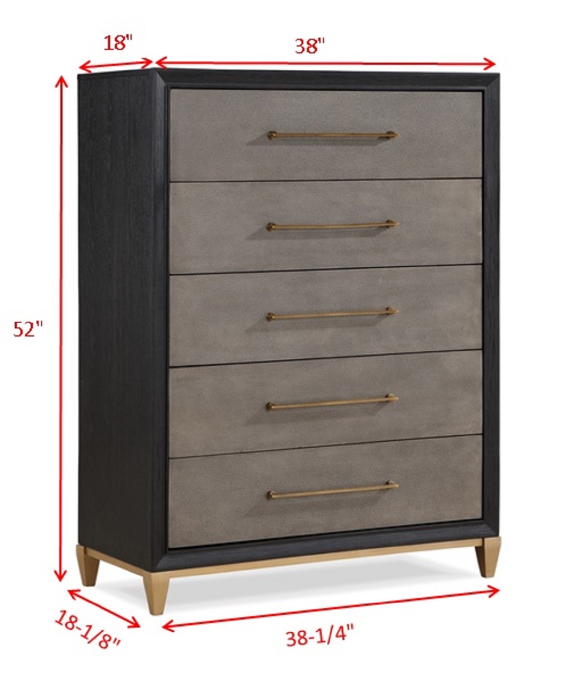 1pc Contemporary Dark Wood Finish Brushed Gold Hardware Tapered Legs Five-Drawers Tall Chest Wooden