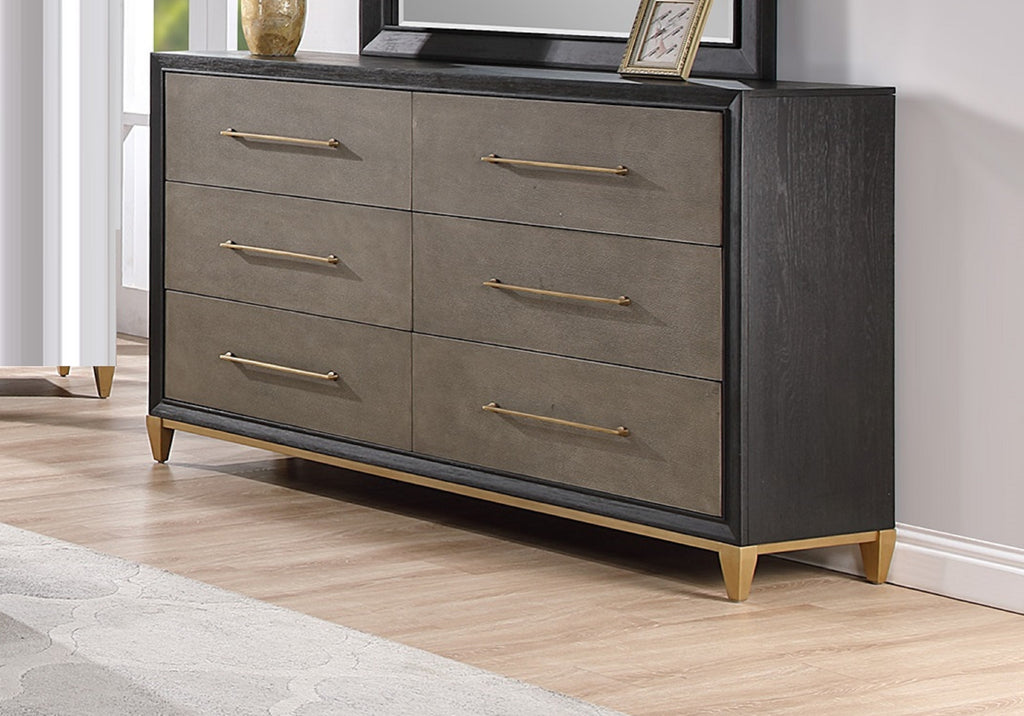 1pc Contemporary Dark Wood Finish Brushed Gold Hardware Tapered Legs Six-Drawers Dresser Wooden