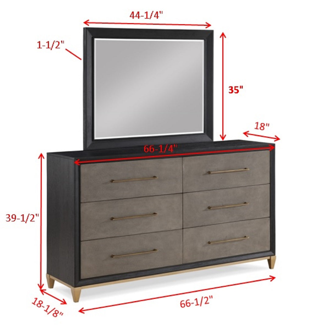 1pc Contemporary Dark Wood Finish Brushed Gold Hardware Tapered Legs Six-Drawers Dresser Wooden