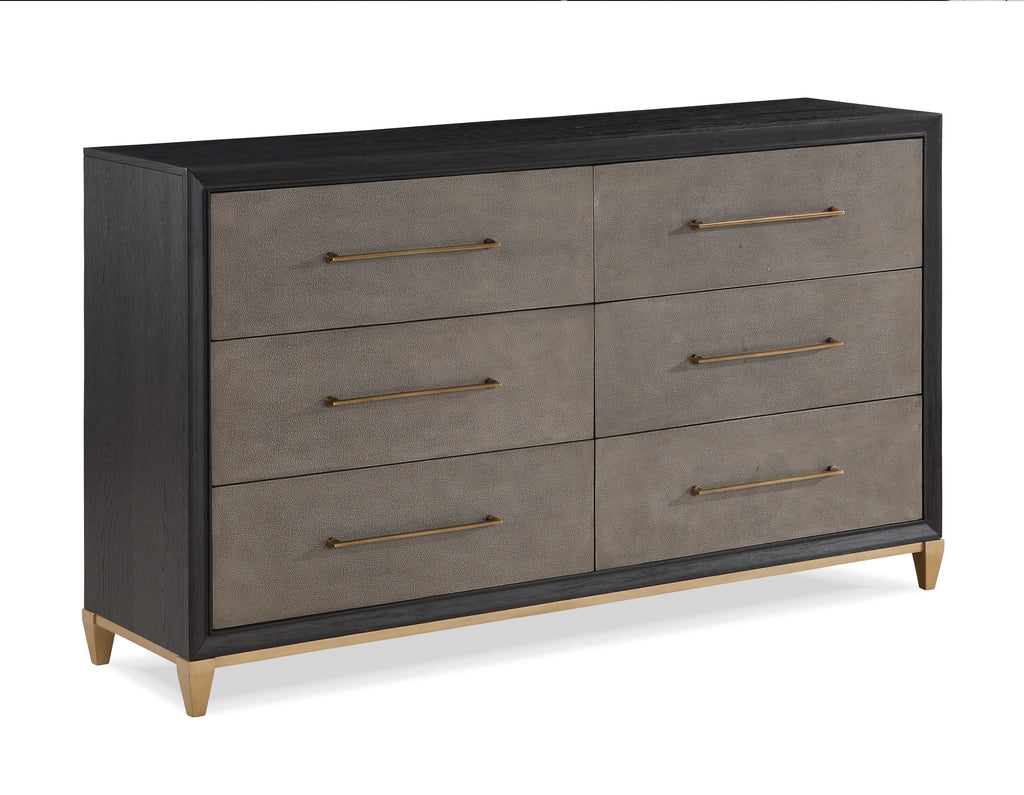1pc Contemporary Dark Wood Finish Brushed Gold Hardware Tapered Legs Six-Drawers Dresser Wooden