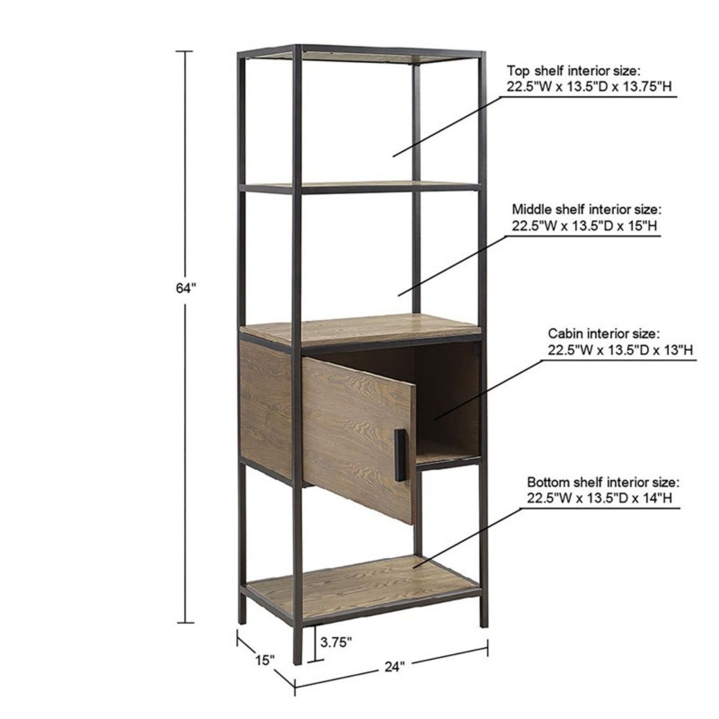 Darley 3-Shelf Bookcase with Storage Cabinet Grey Wood and Metal Frame Bookshelf