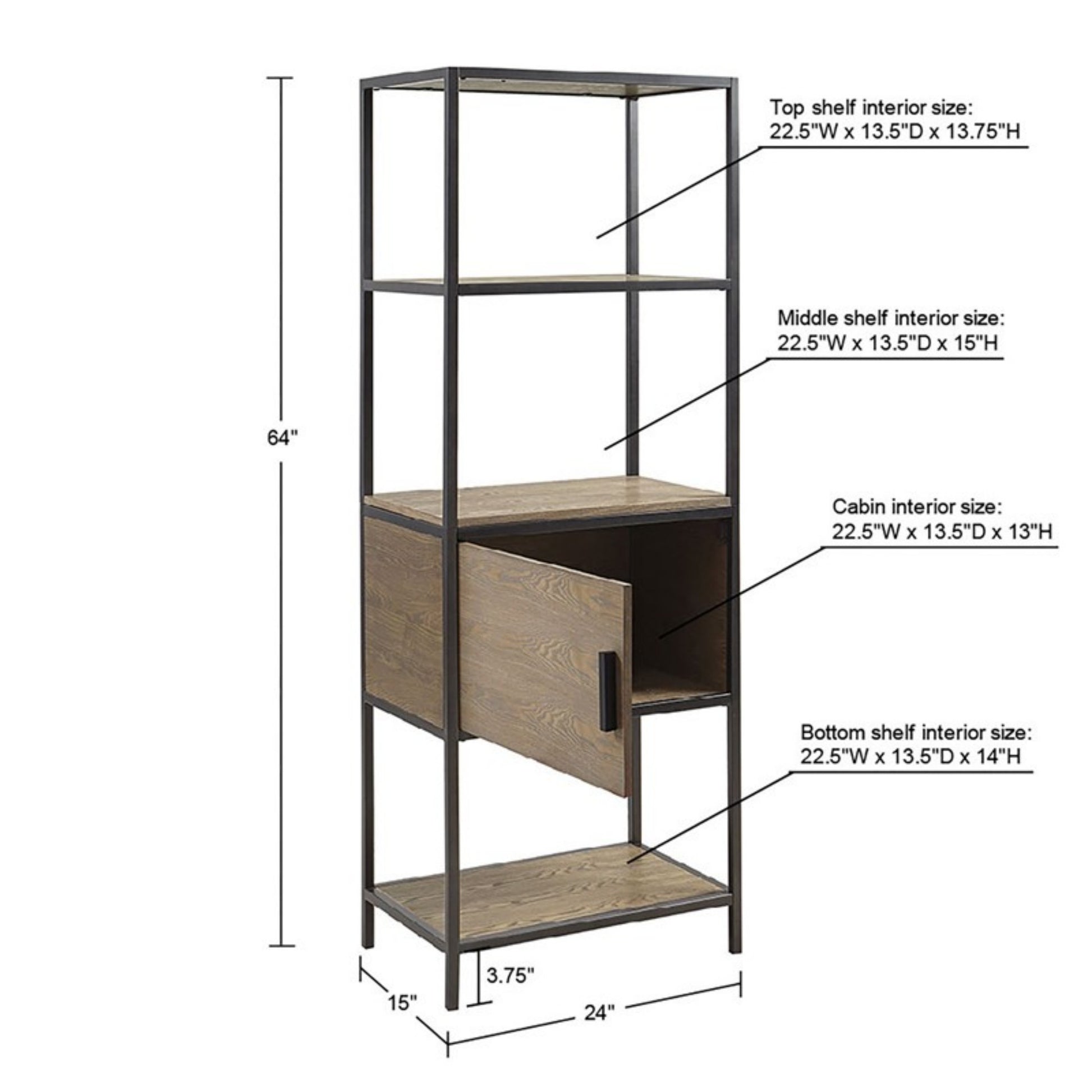 Darley 3-Shelf Bookcase with Storage Cabinet Grey Wood and Metal Frame Bookshelf