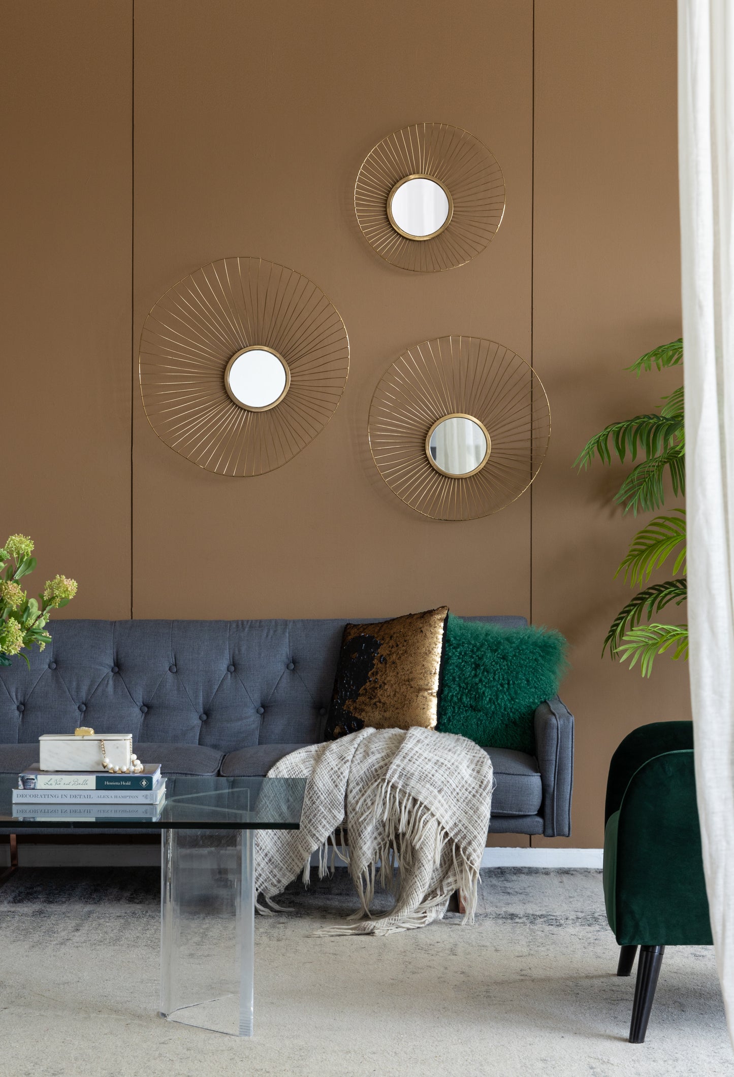 Set of 3 Wall Mirror Abstract designed Wall mirrors with Gold Frame for Home & Office,Top of Sideboard L:26x5x25.5" M:22x3.5x22" S:18x2.5x18"