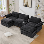 [NEW ARRIVED] [VIDEO PROVIDED]U Shaped Modular Sectional Sofa,Storage Console & Wireless Charging,2 Cup Holders,Bluetooth Speakers,2 Movable Footstools,Adjustable handrail,Movable seat,Chenille,Black Sectional Sofa