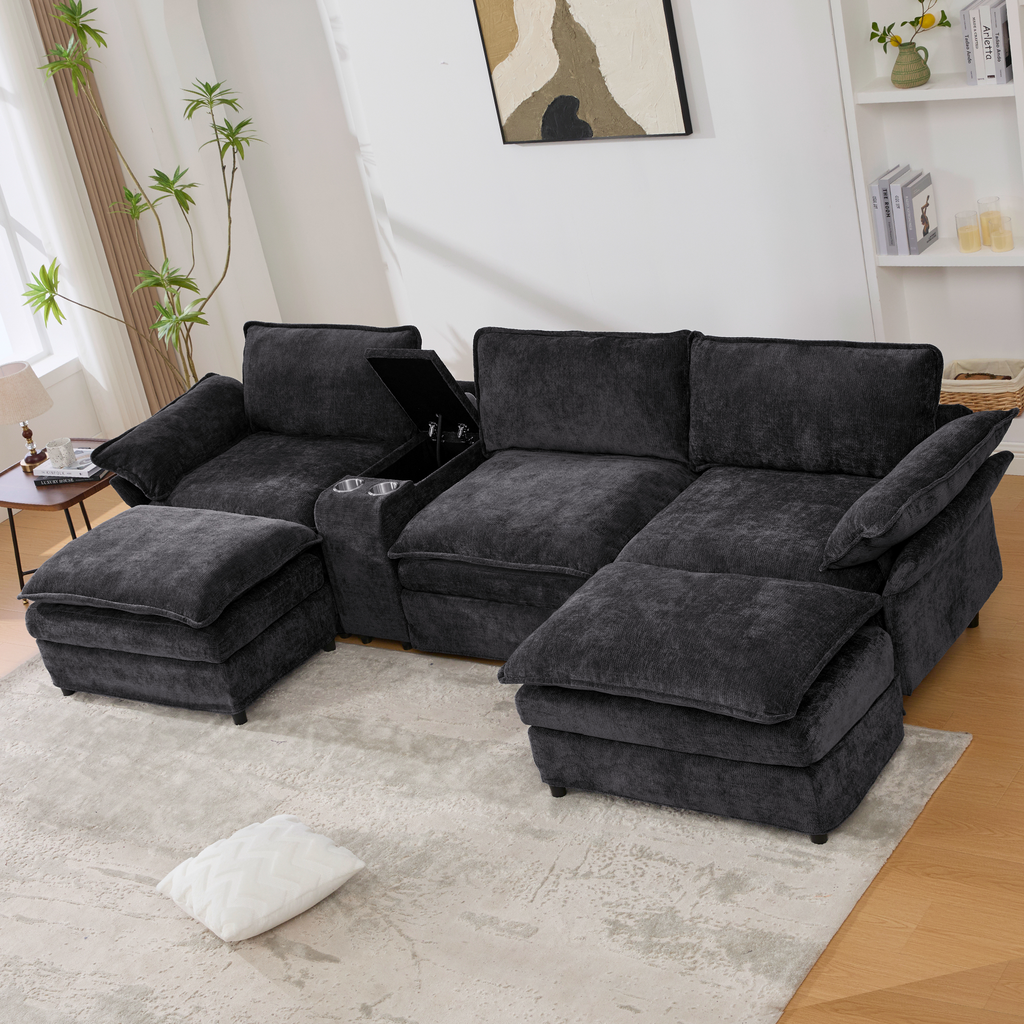 [NEW ARRIVED] [VIDEO PROVIDED]U Shaped Modular Sectional Sofa,Storage Console & Wireless Charging,2 Cup Holders,Bluetooth Speakers,2 Movable Footstools,Adjustable handrail,Movable seat,Chenille,Black Sectional Sofa