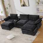 [NEW ARRIVED] [VIDEO PROVIDED]U Shaped Modular Sectional Sofa,Storage Console & Wireless Charging,2 Cup Holders,Bluetooth Speakers,2 Movable Footstools,Adjustable handrail,Movable seat,Chenille,Black Sectional Sofa