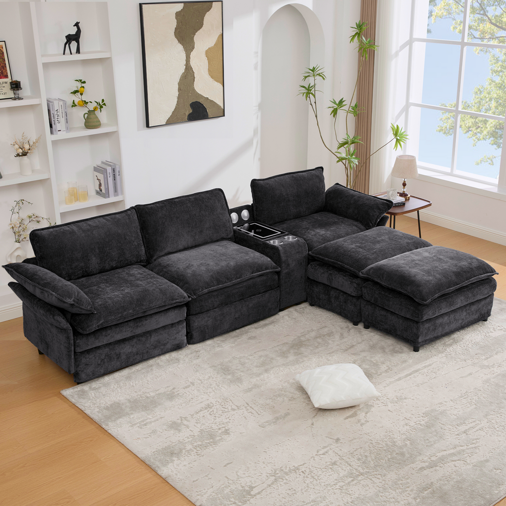 [NEW ARRIVED] [VIDEO PROVIDED]U Shaped Modular Sectional Sofa,Storage Console & Wireless Charging,2 Cup Holders,Bluetooth Speakers,2 Movable Footstools,Adjustable handrail,Movable seat,Chenille,Black Sectional Sofa