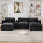 [NEW ARRIVED] [VIDEO PROVIDED]U Shaped Modular Sectional Sofa,Storage Console & Wireless Charging,2 Cup Holders,Bluetooth Speakers,2 Movable Footstools,Adjustable handrail,Movable seat,Chenille,Black Sectional Sofa