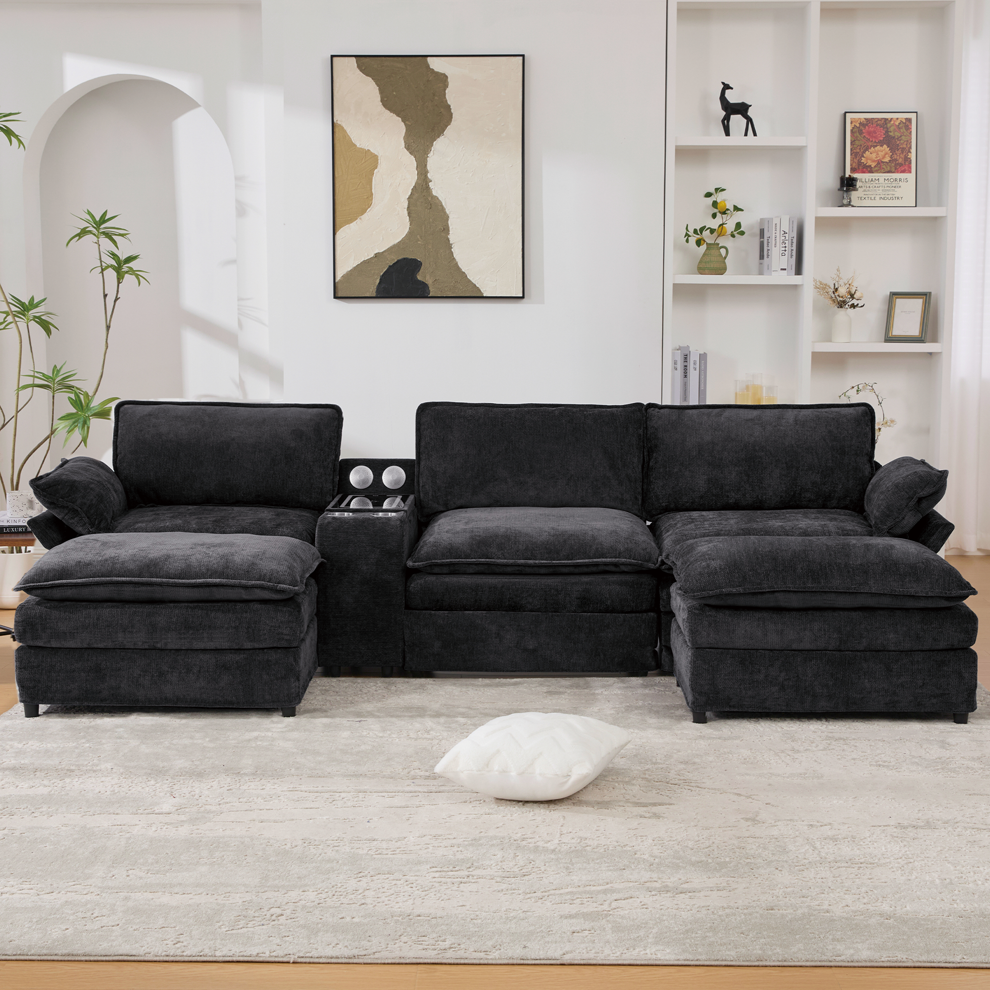 [NEW ARRIVED] [VIDEO PROVIDED]U Shaped Modular Sectional Sofa,Storage Console & Wireless Charging,2 Cup Holders,Bluetooth Speakers,2 Movable Footstools,Adjustable handrail,Movable seat,Chenille,Black Sectional Sofa