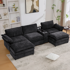 [NEW ARRIVED] [VIDEO PROVIDED]U Shaped Modular Sectional Sofa,Storage Console & Wireless Charging,2 Cup Holders,Bluetooth Speakers,2 Movable Footstools,Adjustable handrail,Movable seat,Chenille,Black Sectional Sofa