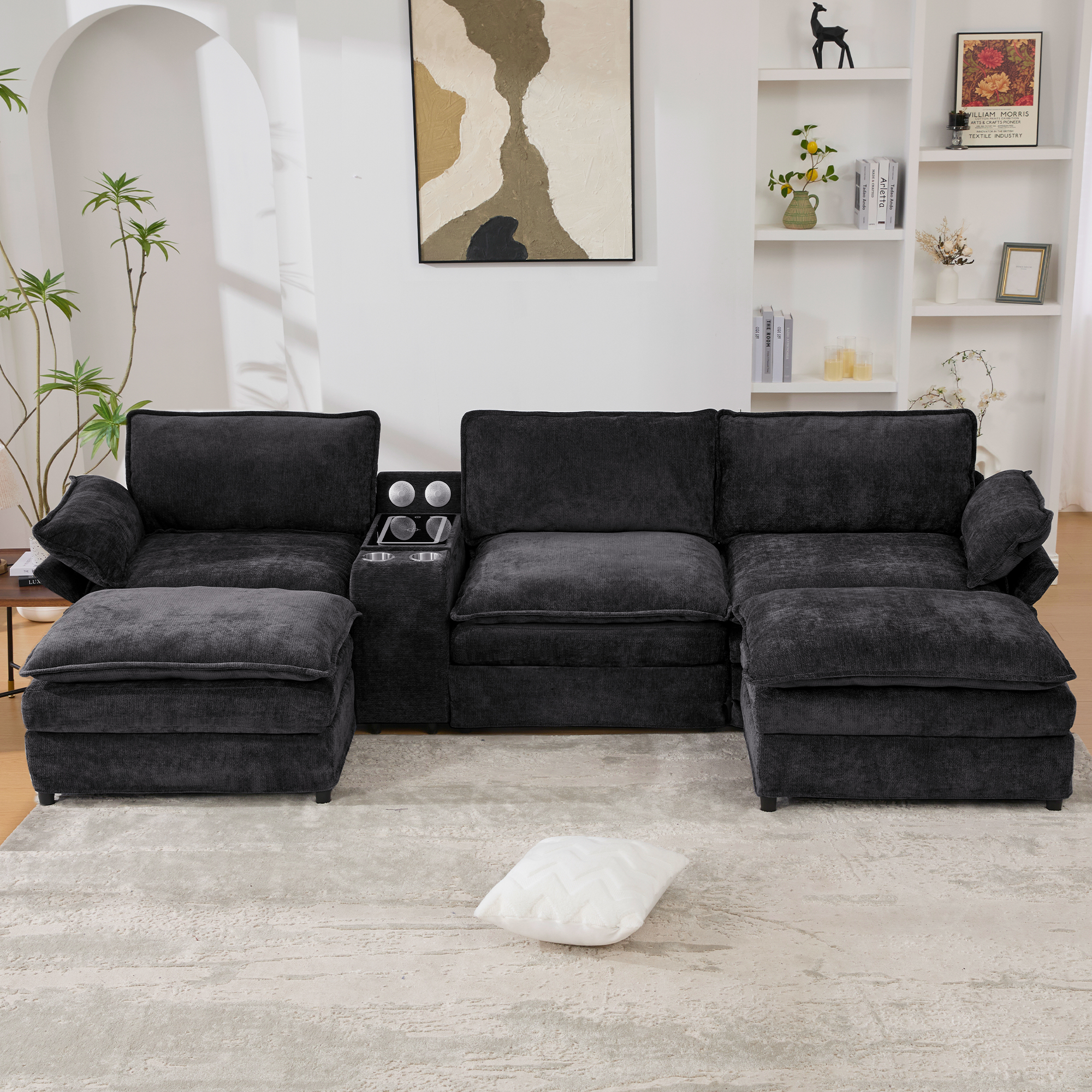 [NEW ARRIVED] [VIDEO PROVIDED]U Shaped Modular Sectional Sofa,Storage Console & Wireless Charging,2 Cup Holders,Bluetooth Speakers,2 Movable Footstools,Adjustable handrail,Movable seat,Chenille,Black Sectional Sofa