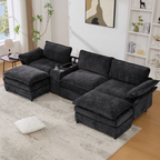 [NEW ARRIVED] [VIDEO PROVIDED]U Shaped Modular Sectional Sofa,Storage Console & Wireless Charging,2 Cup Holders,Bluetooth Speakers,2 Movable Footstools,Adjustable handrail,Movable seat,Chenille,Black Sectional Sofa